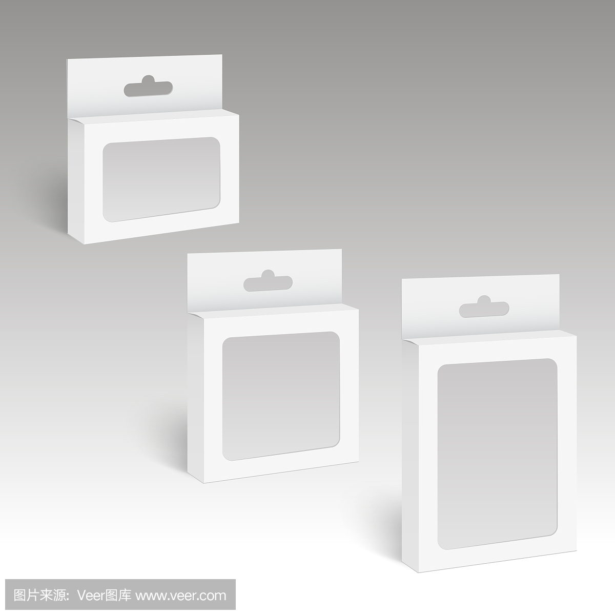 白色产品包装盒,带挂槽和塑料窗。模拟。向量