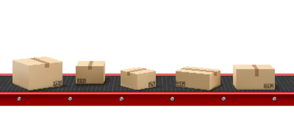 工厂工厂或仓库的带纸板箱的传送带生产线中自动化机器的矢量现实例证产品包装在白色背景下被隔离带纸板箱的传送带在工厂
